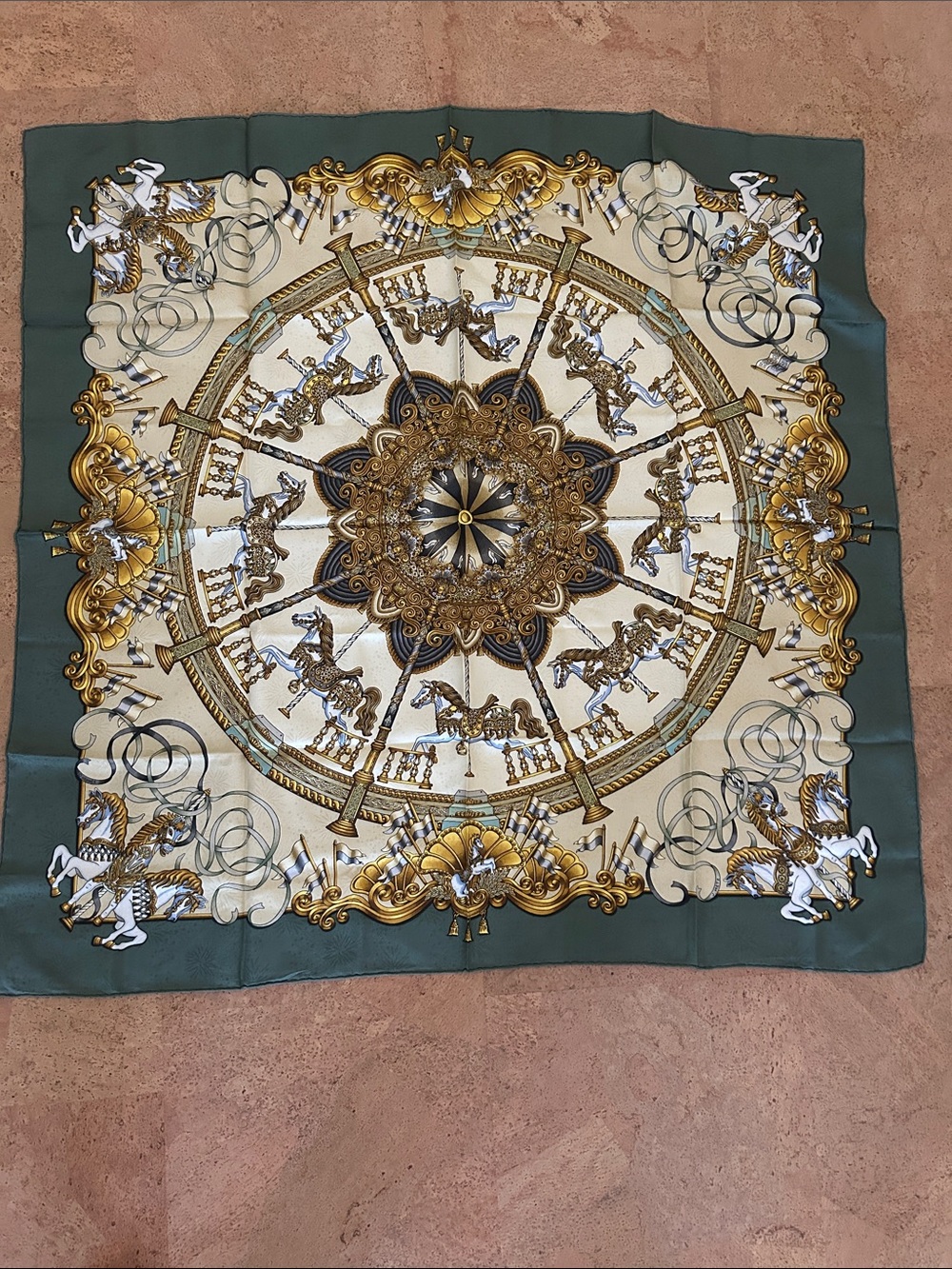 Hermes scarf in Green, Gold and Cream